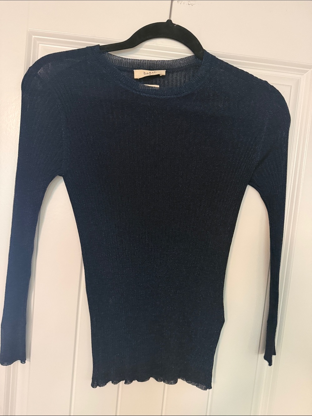 ba&sh Metallic Navy Ribbed Long Sleeve Top